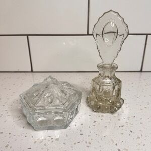 Vintage LE Smith Clear Glass Vanity Set Box Perfume Bottle Beaded Medallion 1940